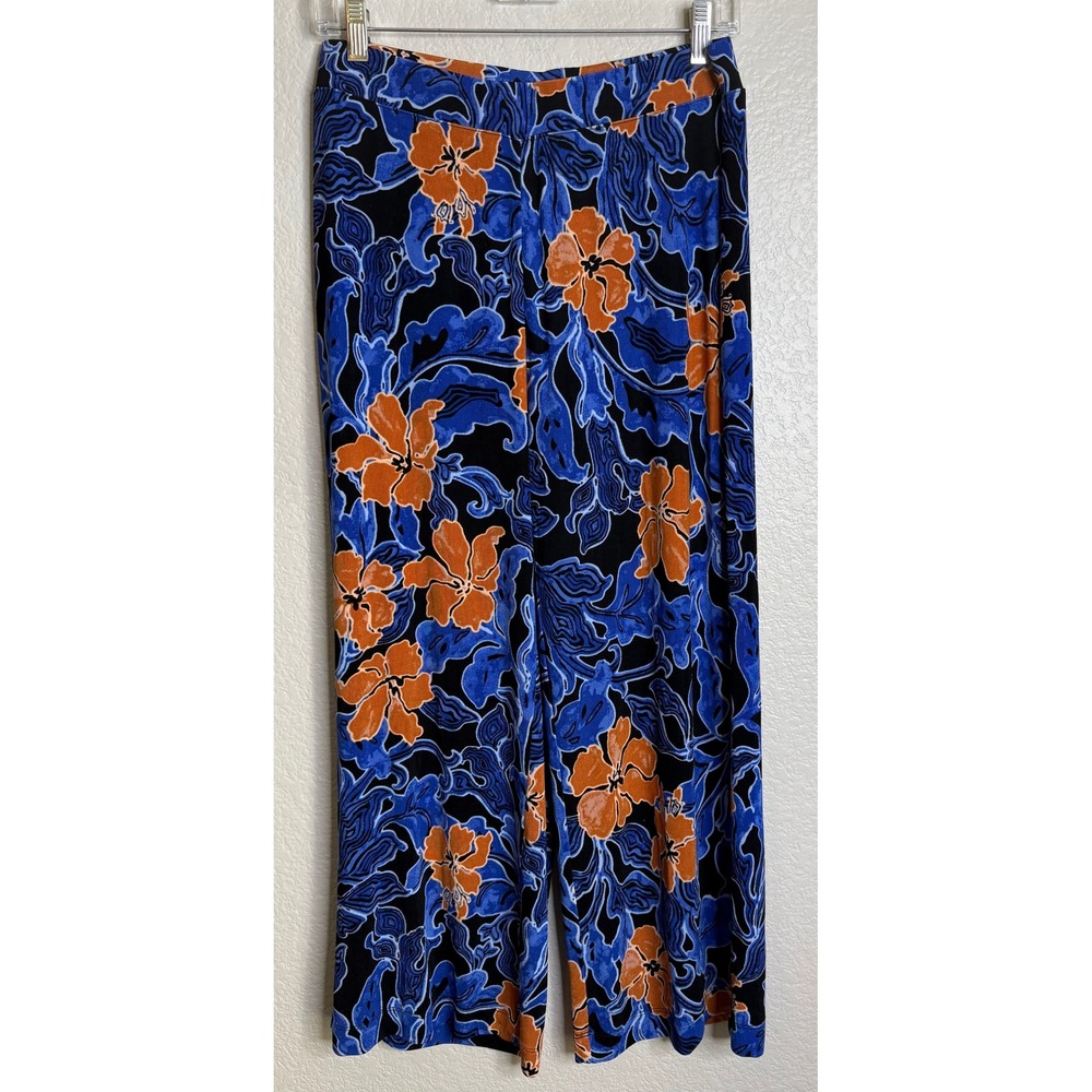 Chicos 1 US Med Wide Leg Pants Blue Orange Floral Travelers Pull On Trousers